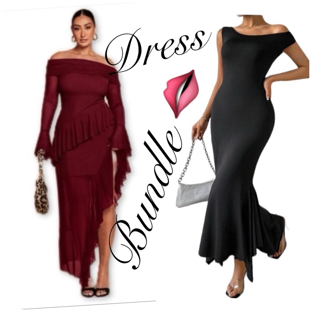 Elegant Off-Shoulder Burgundy and Black Dress Set